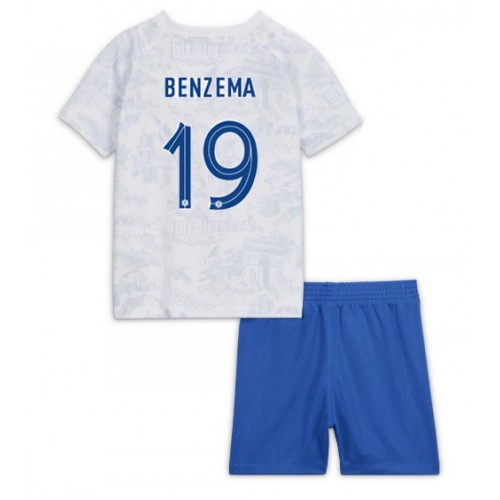 Frankrike Karim Benzema #19 Bortaställ Barn VM 2022 Kortärmad (+ Korta byxor)